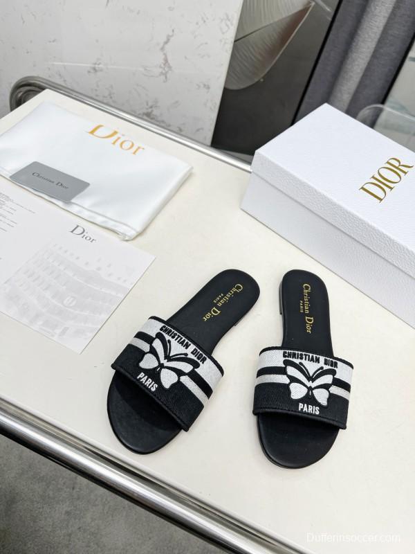 2025 Women Dior Black White Embroidery Slippers LY00170