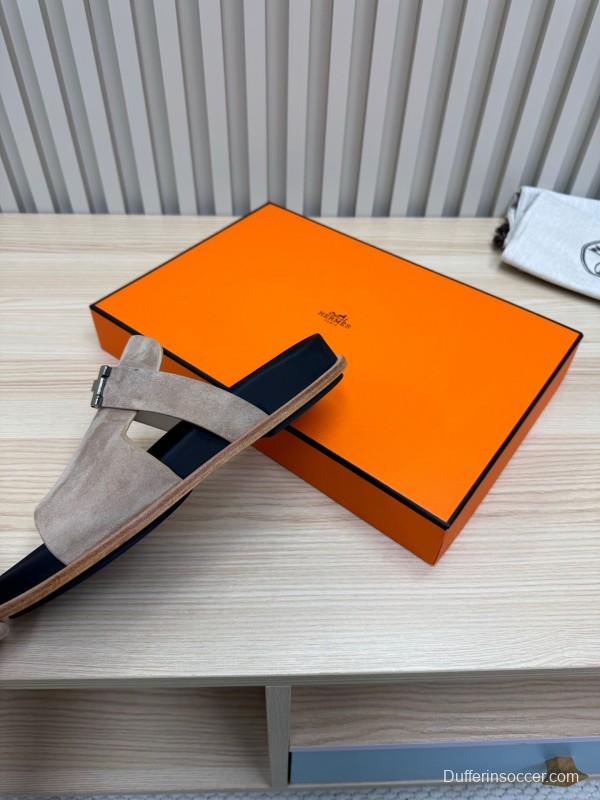 2025 Slippers Hermès Sand Beige Suede Double Strap