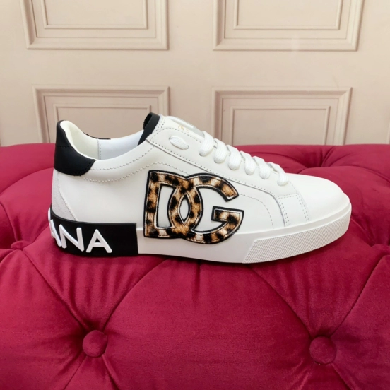 2025 Women Dolce & Gabbana White Leopard Print Leather Sneakers LY00300