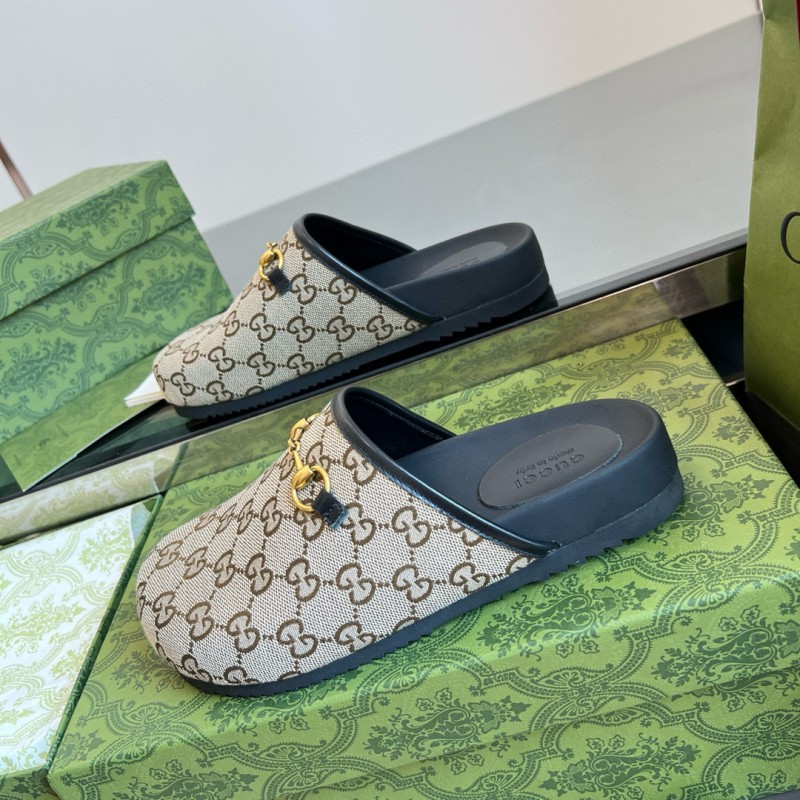 2024 Slippers Gucci Beige Brown Leather GG Pattern MJ00280