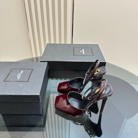 2025 Women Yves Saint Laurent Burgundy Patent Leather Slingback Heels