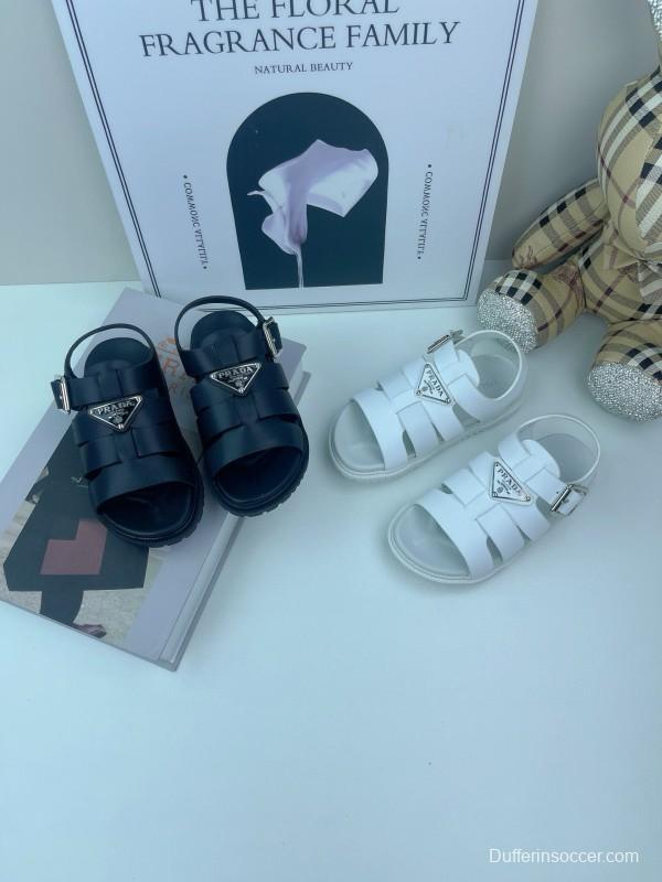 2025 Kids PRADA Black White Leather Sandals