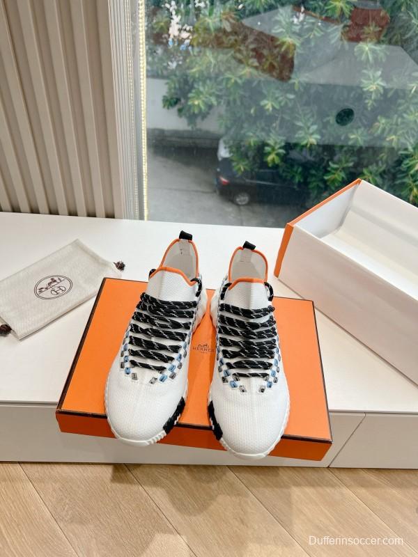2024 Unisex Hermès White Black Orange Calf Suede Sneakers MJ00290