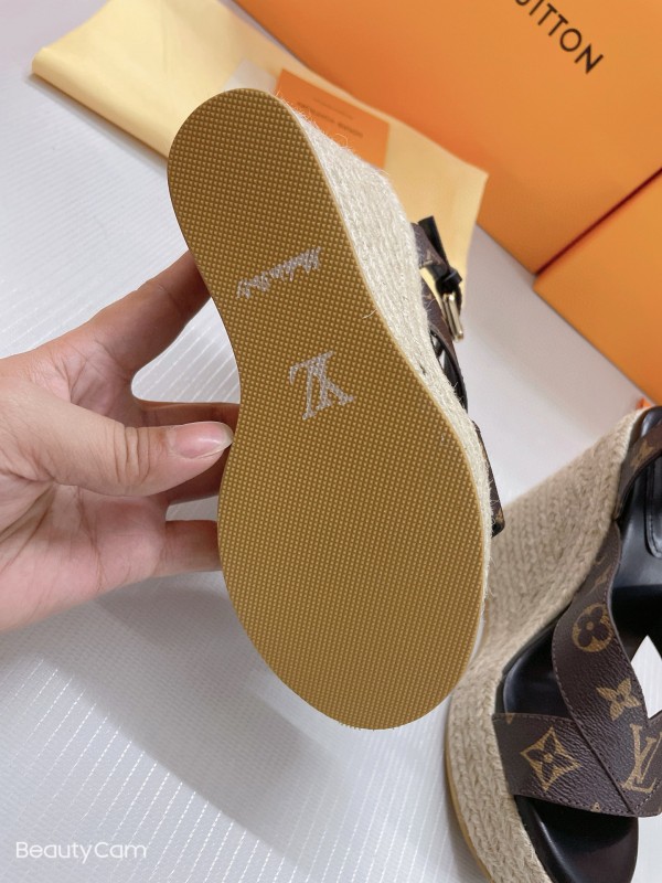 2025 Women Louis Vuitton Brown Leather Denim Espadrilles Wedge Sandals MJ00280