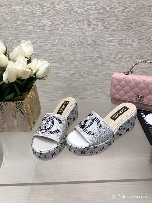 2025 Slippers Chanel White Rhinestone Platform Slide LY00330