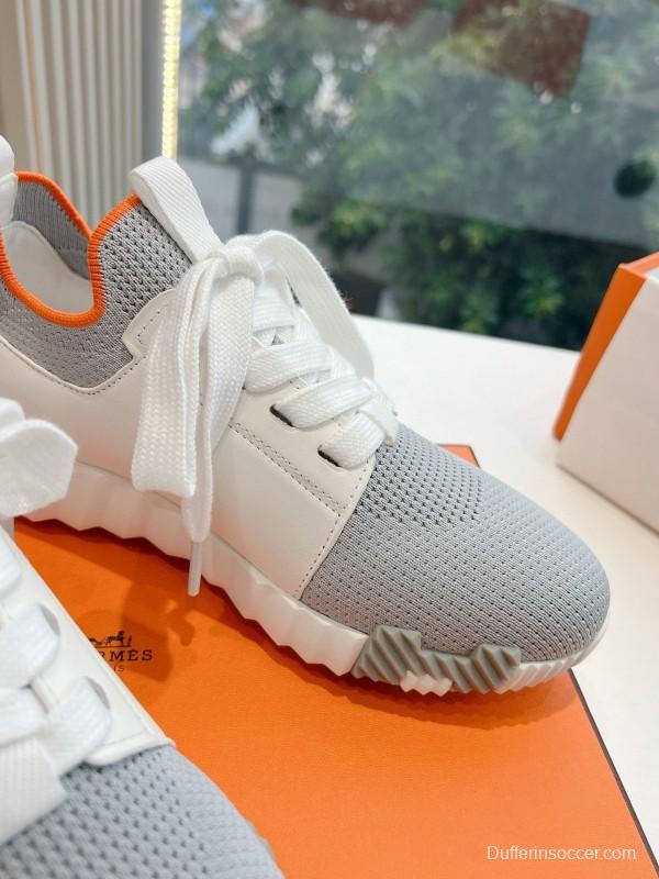 2024 Unisex Hermès Gray White Orange Calf Leather Suede Knit Sneakers MJ00290