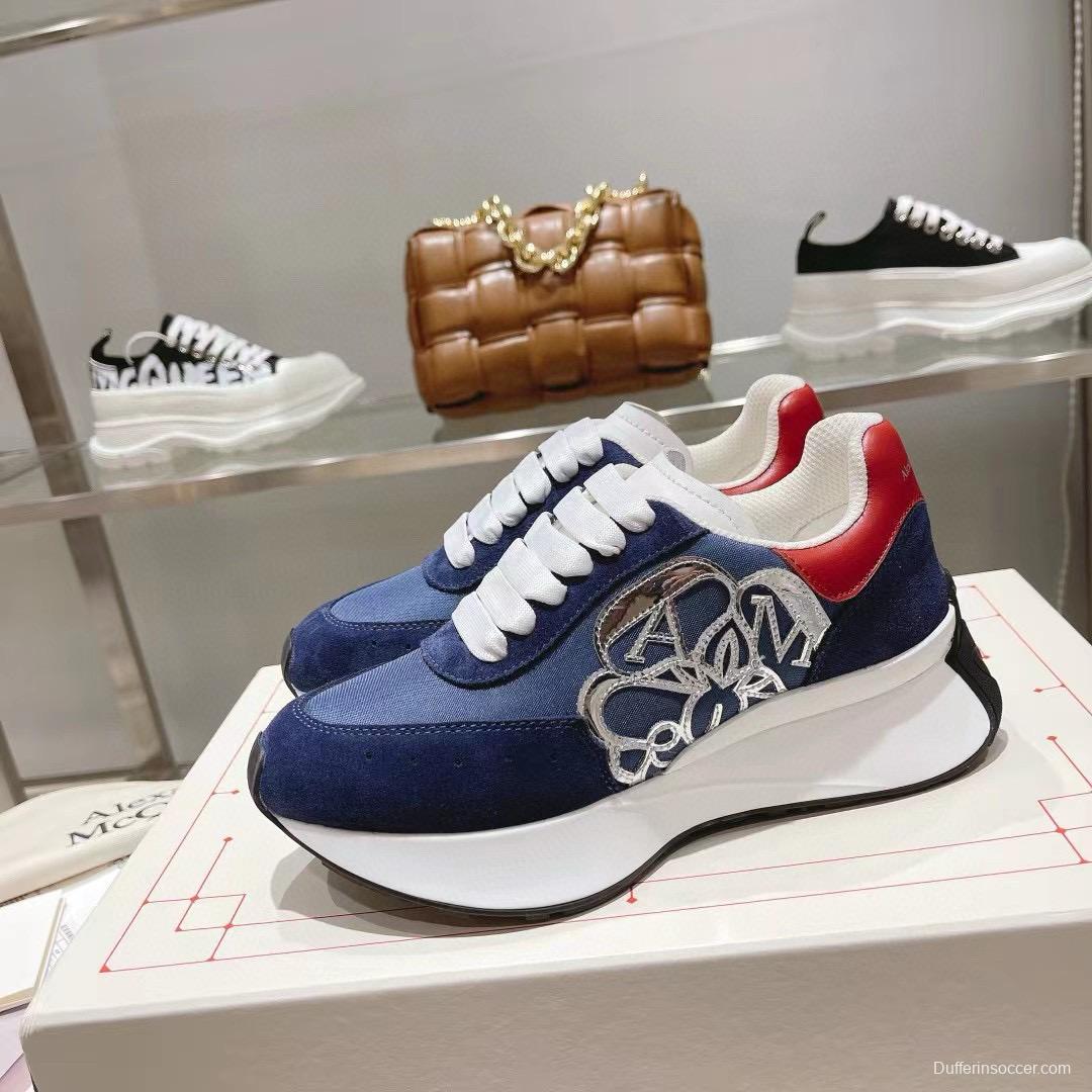 2024 Unisex Alexander McQueen Blue Red Leather Suede Mesh Sneakers MJ00370