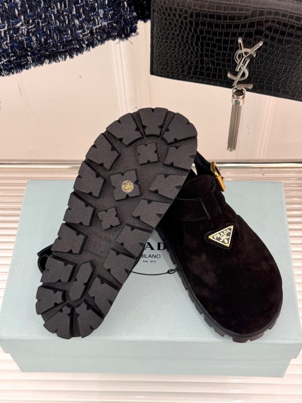2025 Women Prada Black Suede Sandals