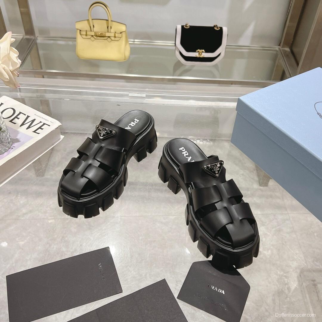 2025 Women Prada Black Leather Slingback Sandals LY00250