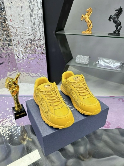 2024 Unisex Dior Yellow Mesh Leather Sneakers