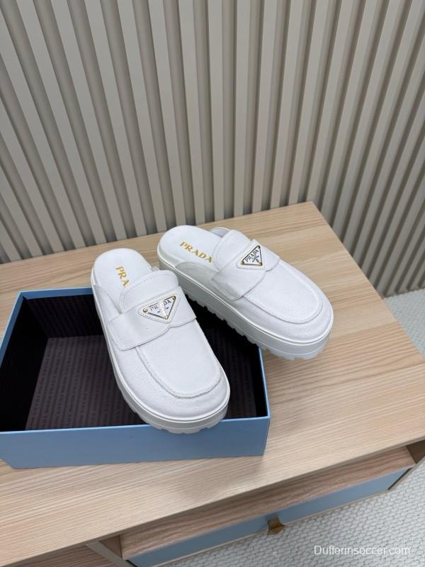 2025 Women Prada White Canvas Platform Loafers