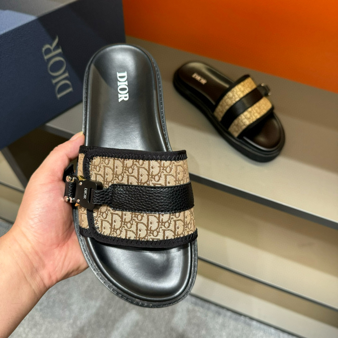 2024 Slippers Dior Beige Black Leather Canvas Slippers