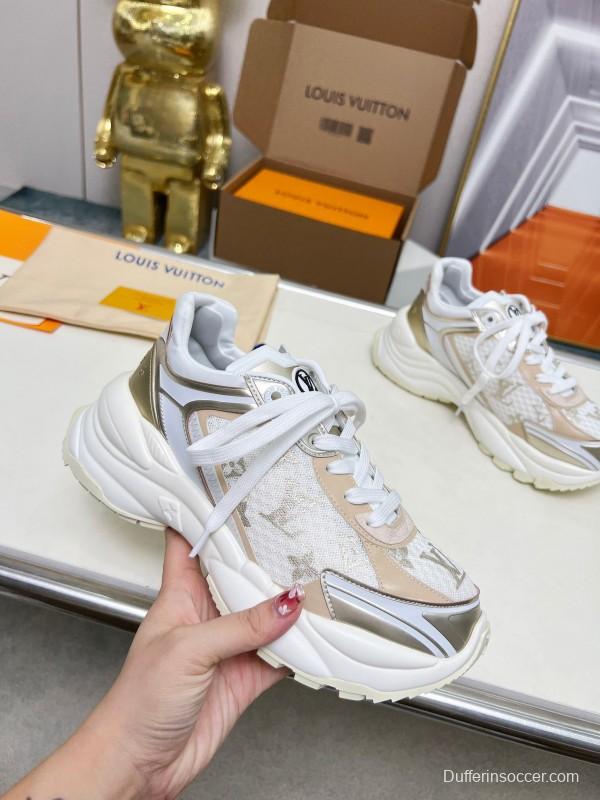 2025 Women Louis Vuitton White Beige Mesh Leather Sneakers LY00340