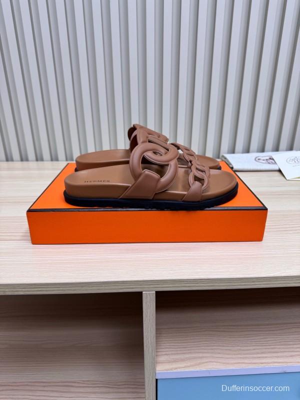 2025 Women Hermès Brown Leather Slippers KFY00260
