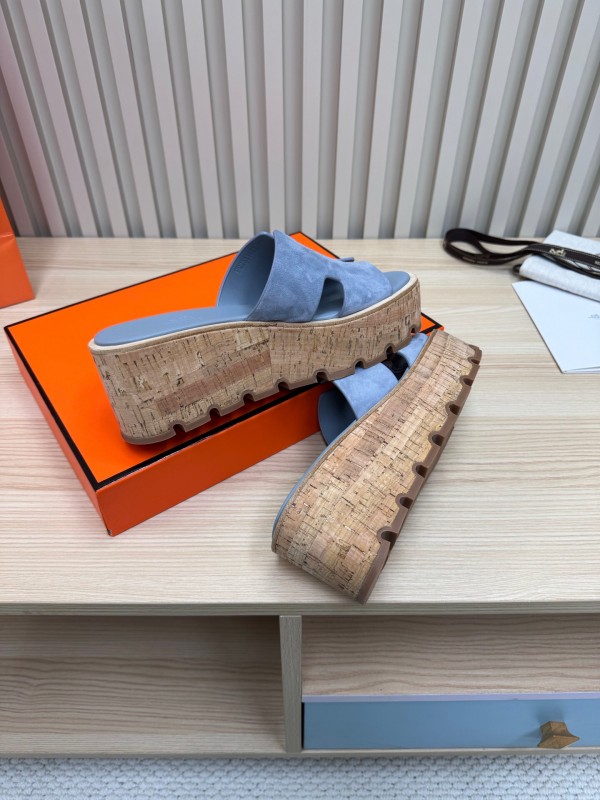 2025 Women Hermès Blue Suede Slippers