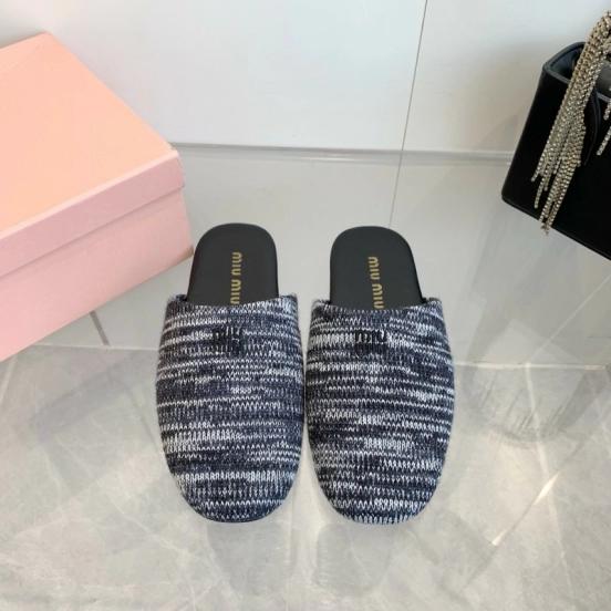 2025 Women Miu Miu Black White Knit Leather Slippers