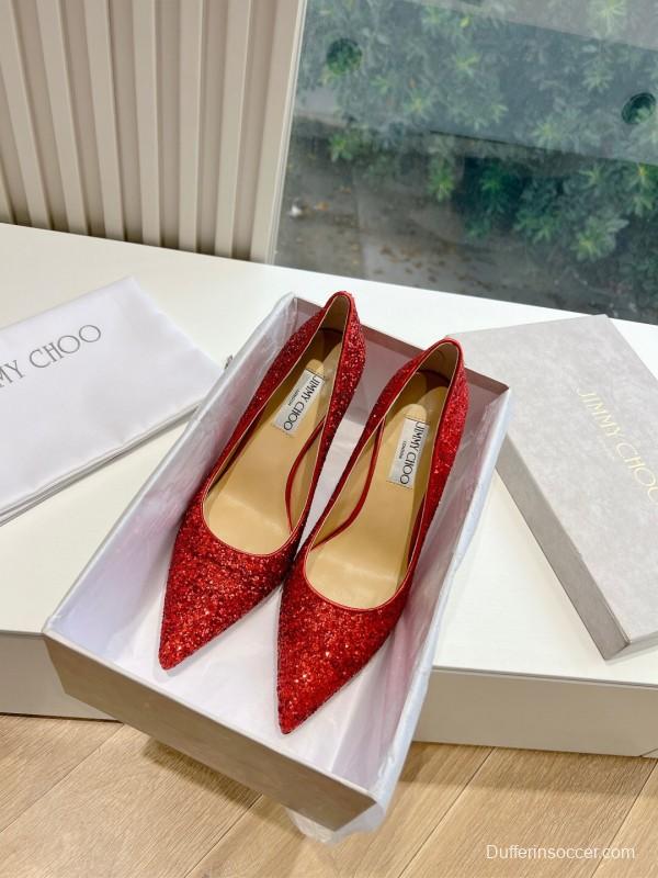 2025 Women Jimmy Choo Red Glitter Leather Pumps