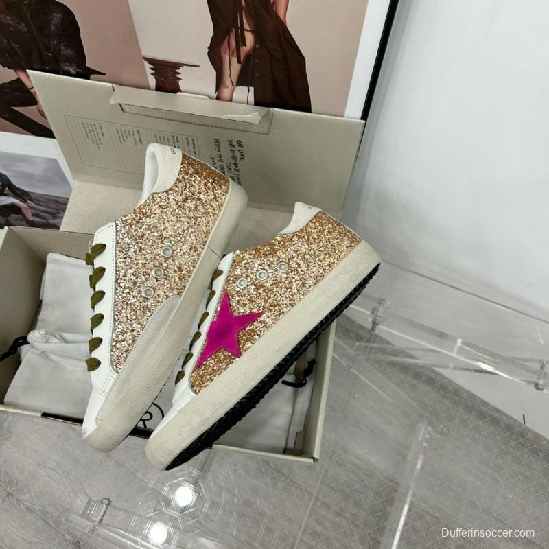 2025 Women GGDB White Gold Pink Glitter Leather Sneakers