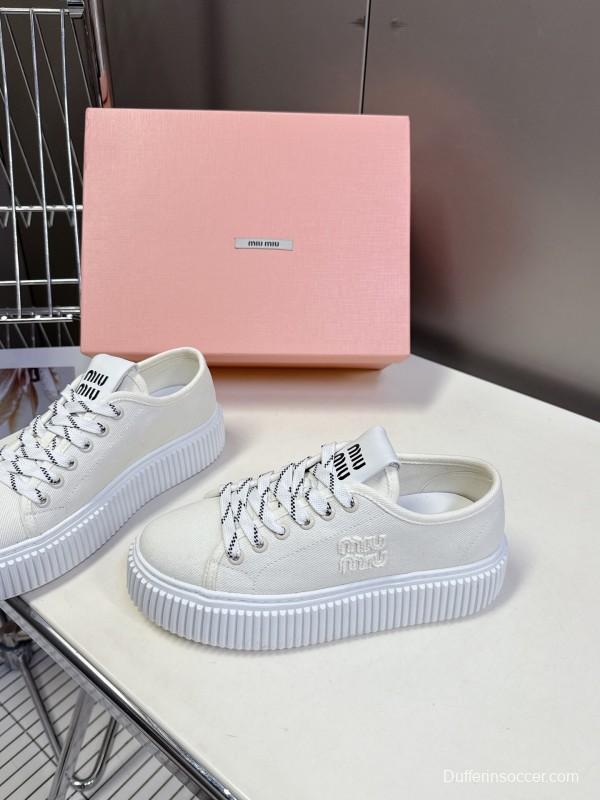 2025 Women Miu Miu White Canvas Sneakers
