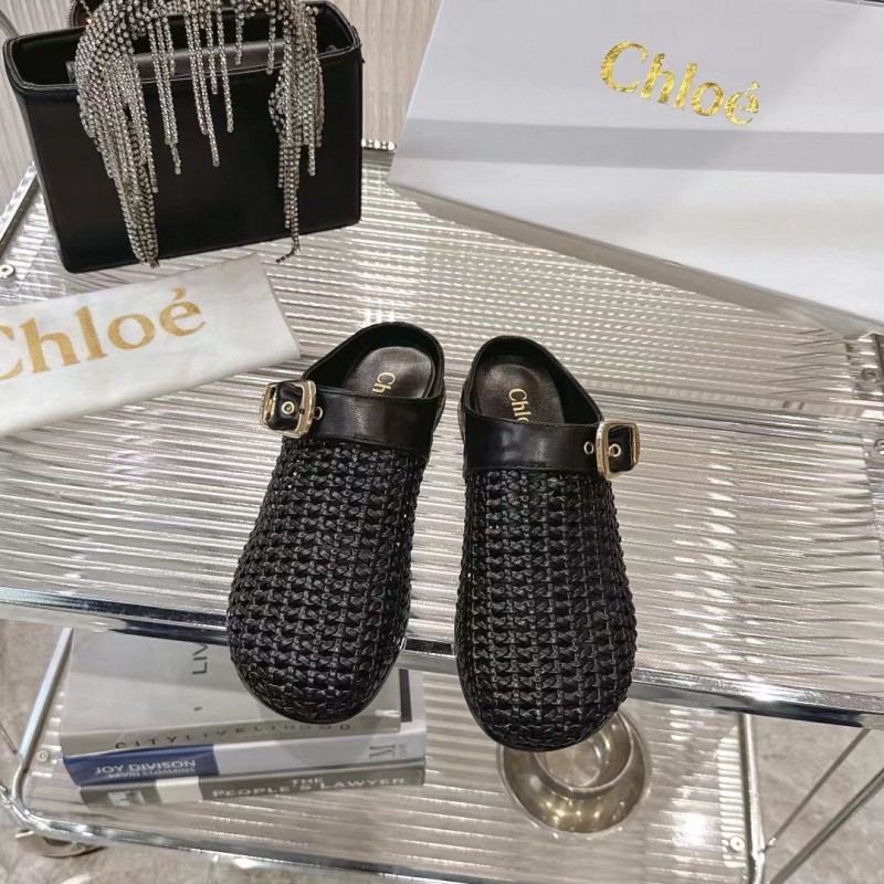 2025 Women Chloé Black Leather Woven Slippers