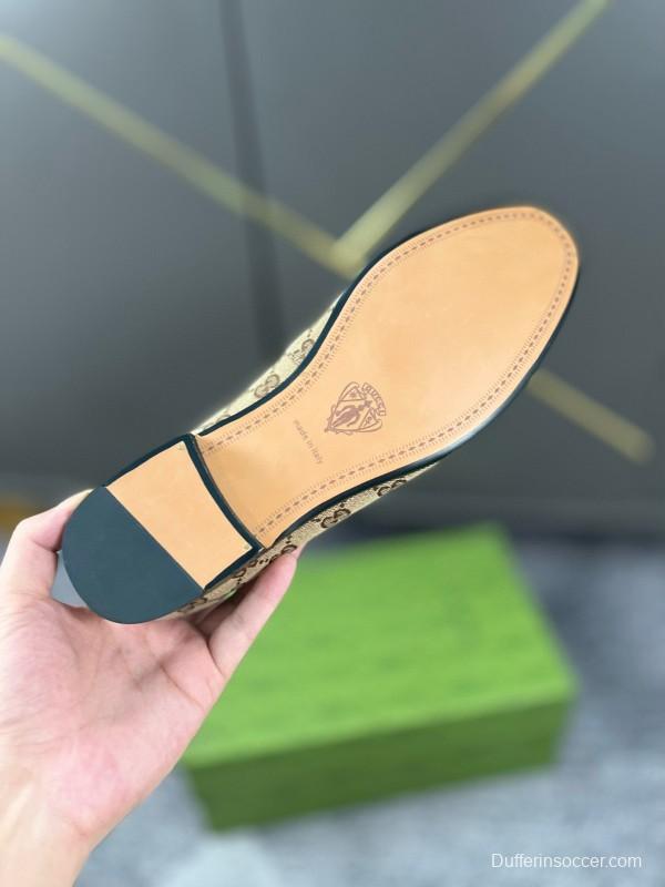 2024 Men Gucci Beige Brown Canvas Leather Loafer