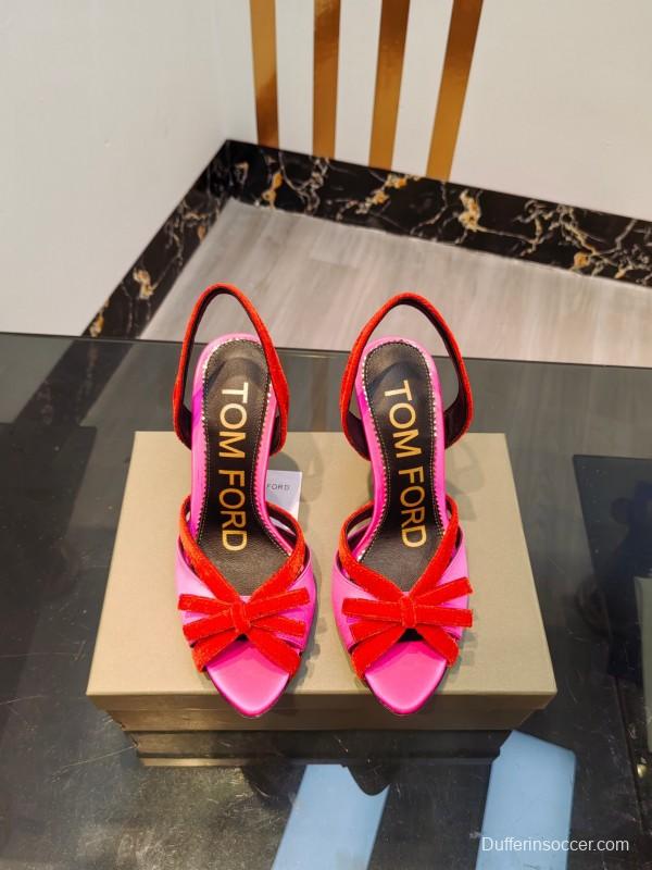 2025 Women TOM FORD Pink Red Velvet Silk High Heel Open Back Sandals