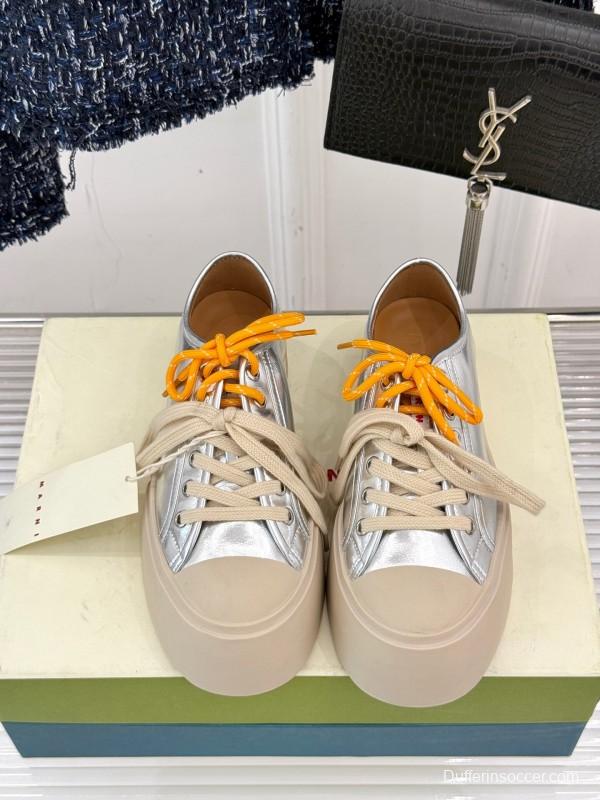 2025 Women Marni Silver Leather Thick Sole Retro Style Platform Sneakers LY00360(F)