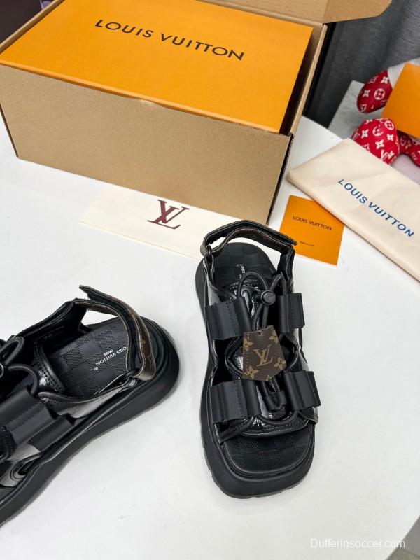2025 Women Louis Vuitton Black Leather Fabric Sandals LV00310