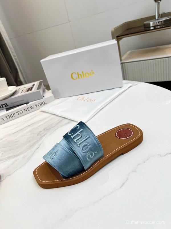 2025 Women Chloé Blue Denim Leather Slippers LY00200