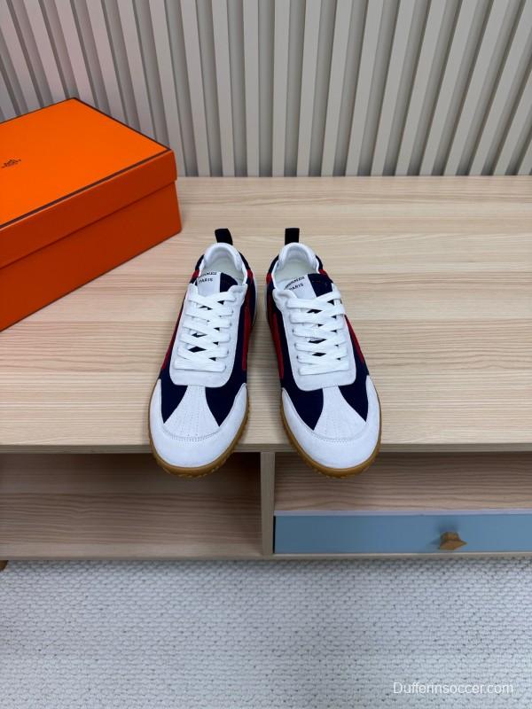 2025 Unisex Hermès White Navy Red Suede Down Fabric Sneakers KFY00300