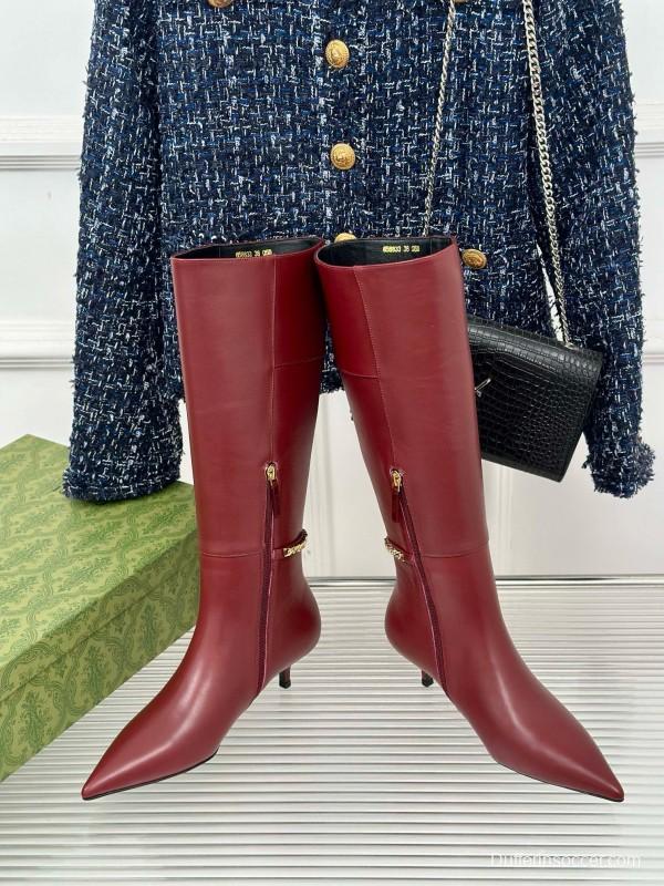 2024 Women Gucci Wine Leather Knee High Boots Chain Link MJ00550