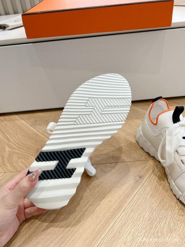 2024 Unisex Hermès White Black Orange Calf Suede Sneakers MJ00290