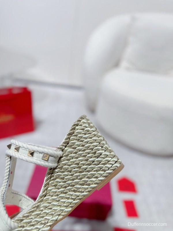 2025 Women Valentino White Leather Wedge Sandals Studs LY00290