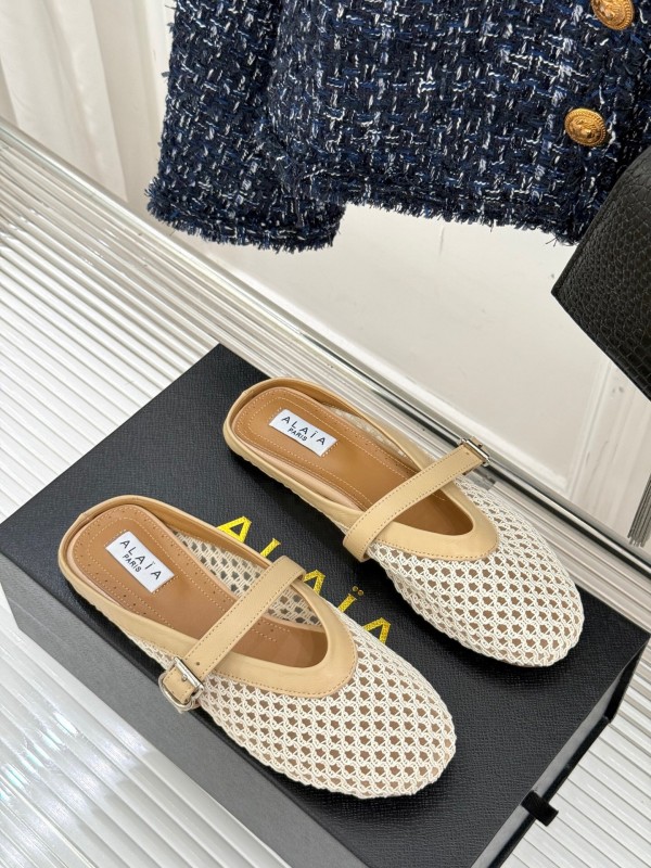 2025 Slippers ALALIA Beige Mesh Leather Flat Buckle