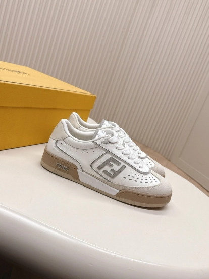 2025 Unisex Fendi White Beige Leather Plimsolls FF Logo LY00350(F)/LY00360(M)