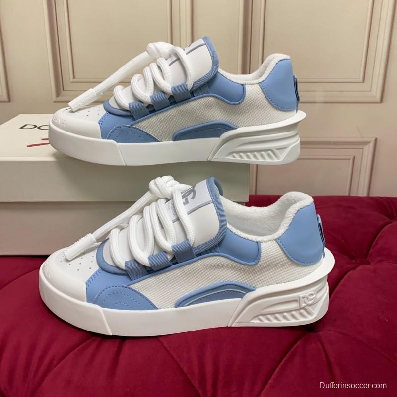2025 Women Dolce & Gabbana White Blue Mesh Leather Sneakers