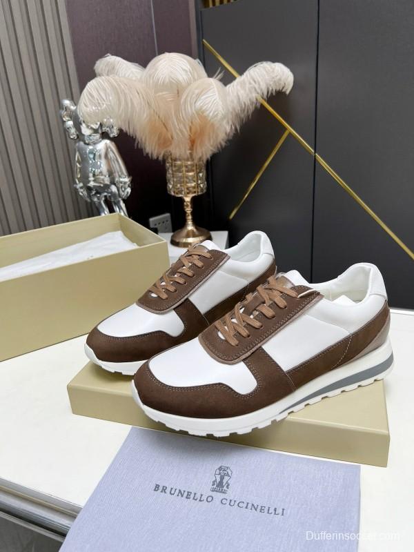 2024 Men Brunello Cucinelli White Brown Leather Suede Sneakers MJ00360