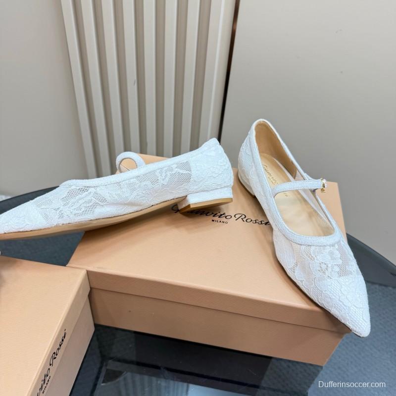 2025 Women Gianvito Rossi White Lace Leather Low Heel Ballerina KFY00260