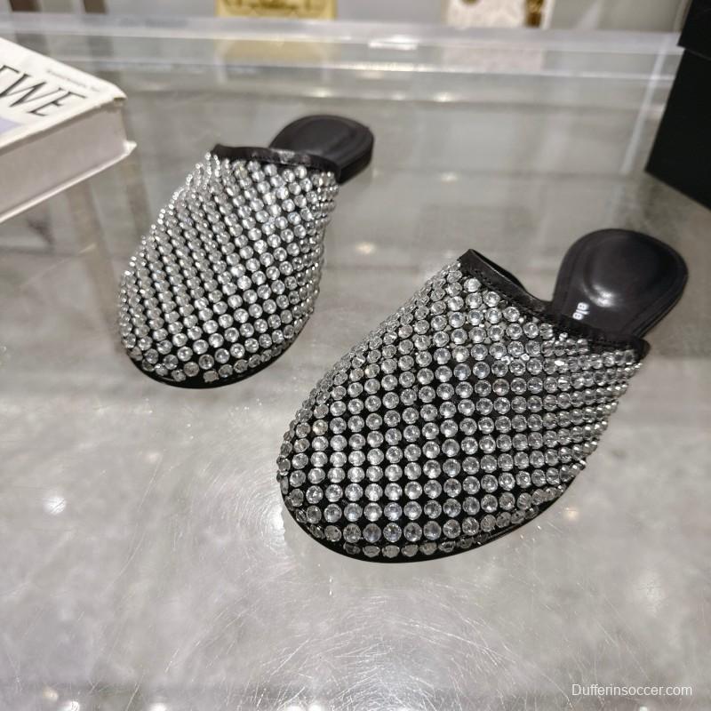 2025 Slippers Alexander Wang Black Crystal Mesh Leather Slippers LY00310