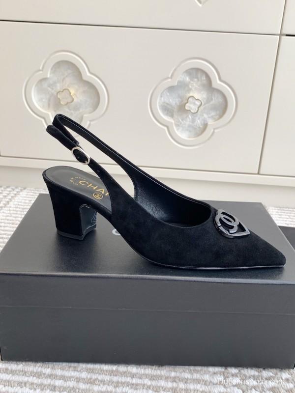2025 Women Chanel Black Suede Slingback Heels CC Logo KFY00300