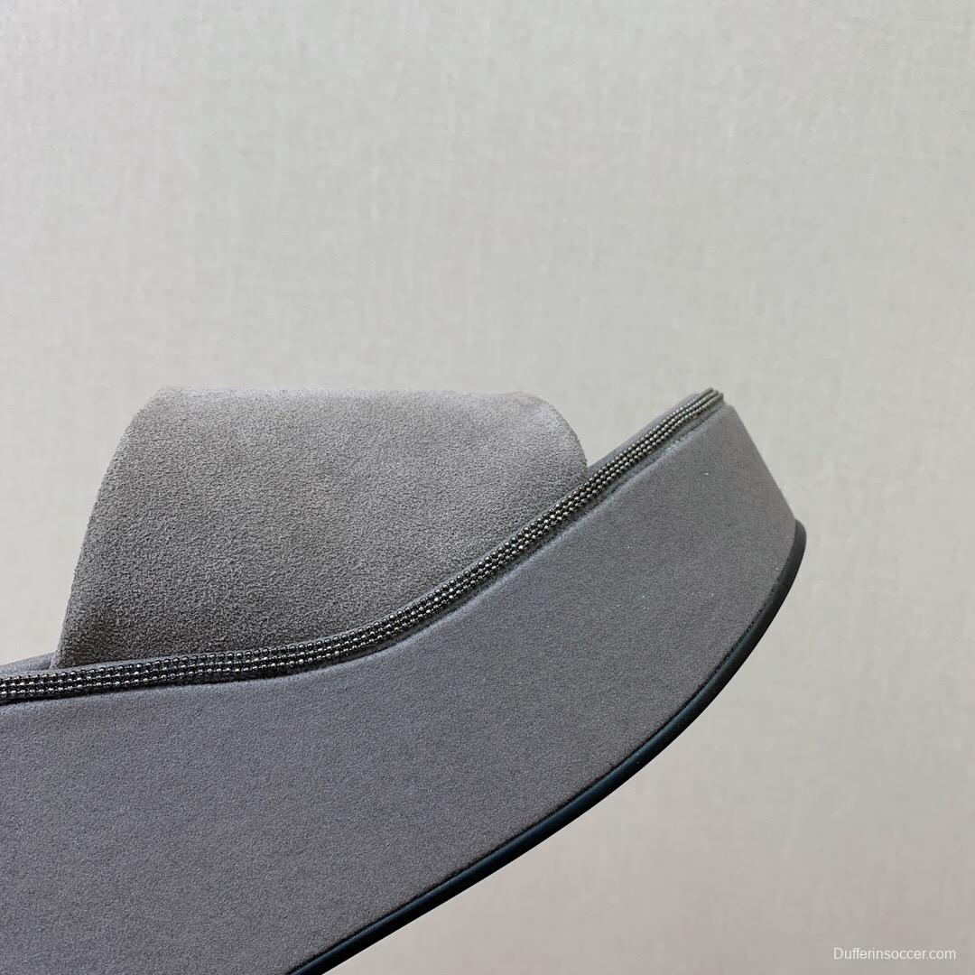 2025 Women BRUNELLO CUCINELLI Grey Suede Platform Slide Sandals Elegant Craftsmanship LY00360(F)