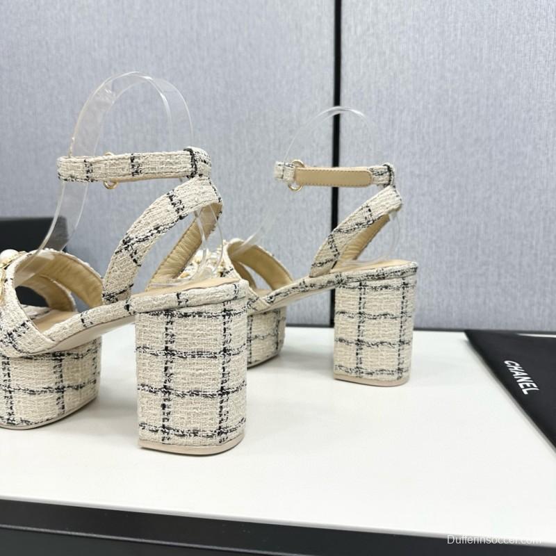 2025 Women Chanel Beige Black Tweed Leather Platform Sandals MJ00310