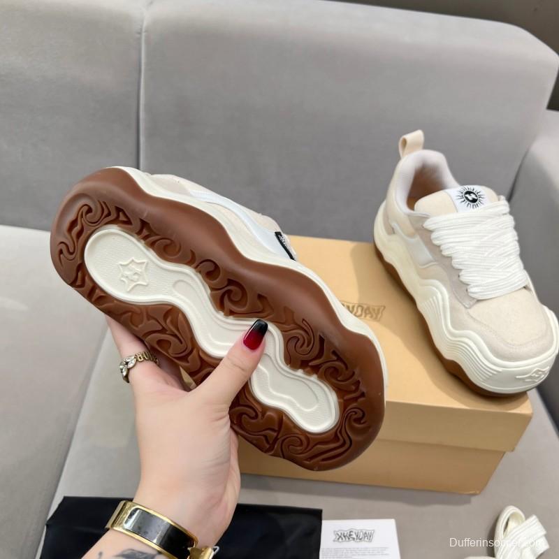 2025 Unisex HEYDAY Beige White Canvas Leather Wave Bread Sneakers KFY00260