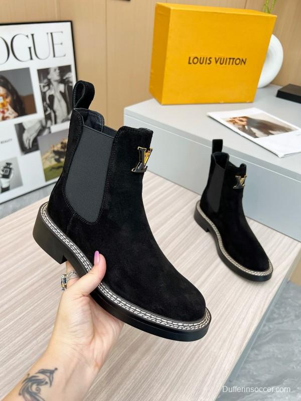 2024 Women Louis Vuitton Black Calf Suede Chelsea Boots MJ00340