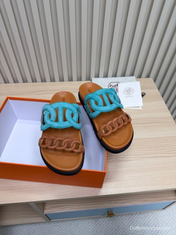 2025 Slippers Hermès Blue Brown Leather Slippers