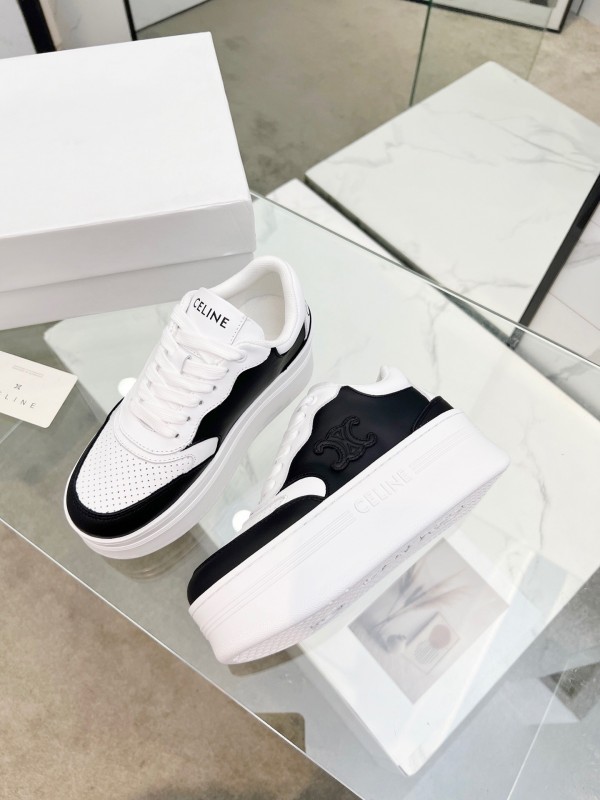 2025 Women Celine Black White Leather Platform Sneakers Block Triomphe LY00270