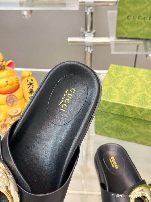 2025 Gucci Black Leather Slippers KFY00210