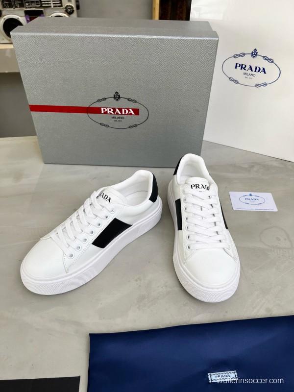 2024 Unisex Prada White Black Silk Calfskin Leather Sneakers MJ00310