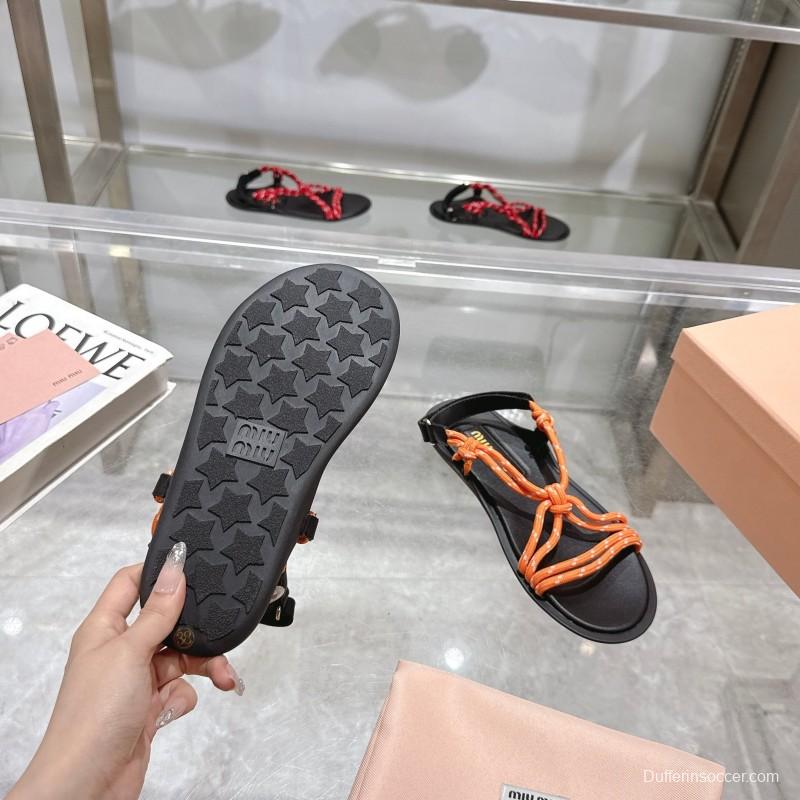 2025 Women Miu Miu Orange Black Rope Leather Sandals