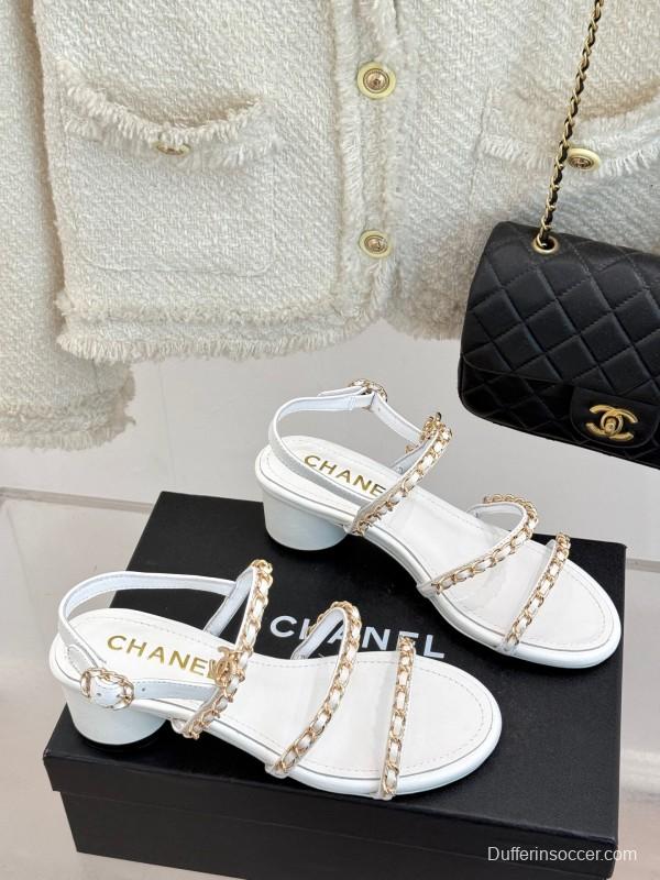 2025 Women Chanel White Leather Chain Strap Sandals